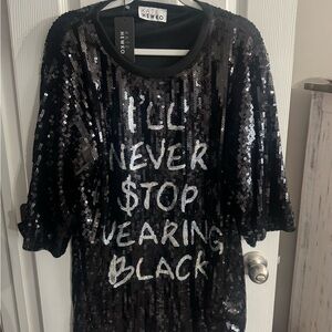 Kate Hewko I’ll Always Wear Black Black Sequin Statement T-Shirt Dress NWT